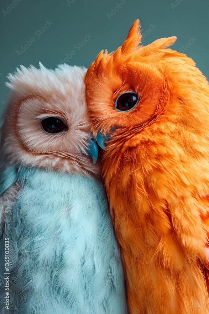 Two vibrant owls cuddling: orange and blue feathers in a heartwarming display of affection and colorful plumage