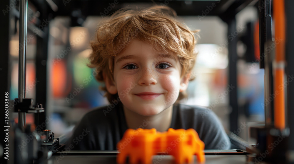 Young boy, child smiling behind 3d printer with orange toy in focus