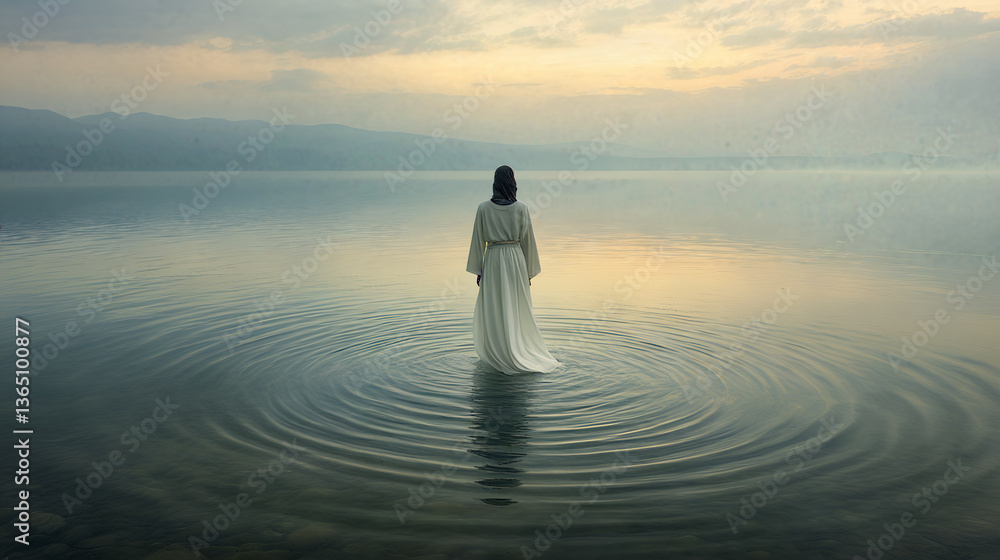 Miraculous scene of jesus christ walking on water at sunrise - biblical story depiction for inspirational design