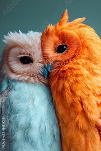 Obraz na płótnie Two vibrant owls cuddling: orange and blue feathers in a heartwarming display of affection and colorful plumage w salonie