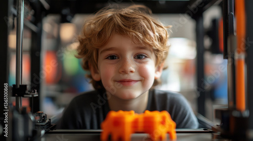 Young boy, child smiling behind 3d printer with orange toy in focus