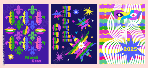 Mardi Gras Carnival, masquerade,  colorful set cards  holidayy template design Vector carnaval banner