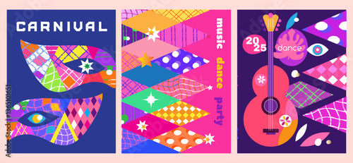 Carnival, masquerade, parade, festival, holiday music dance party template design set cards