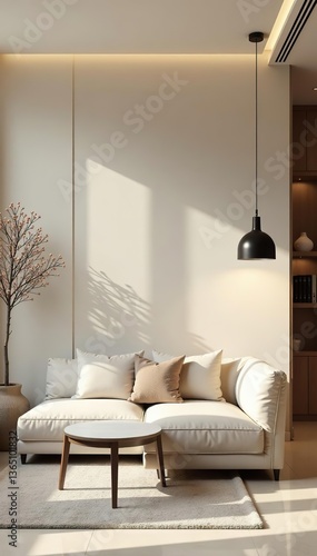 Modern interior design of a light beige living room with luxury furniture, an ivory taupe empty texture plaster wall, and nude accent lounge reception,  modern,  plaster