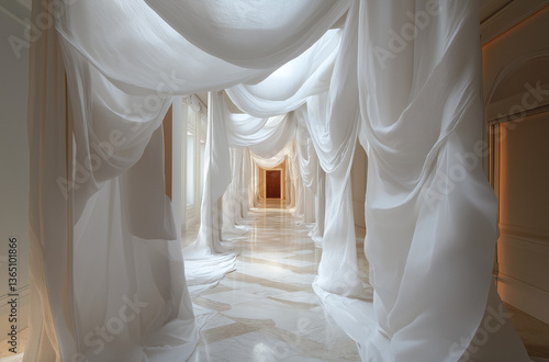 Dramatic textile installation drapes culmination corridor, transforming event space with flowing fabric artistry and elegance