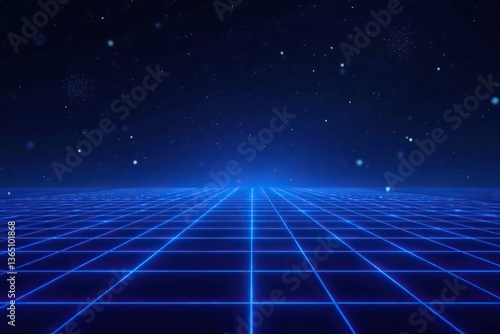 retro 80s video game background with grid of blue light streaking in space,  grid,  neon