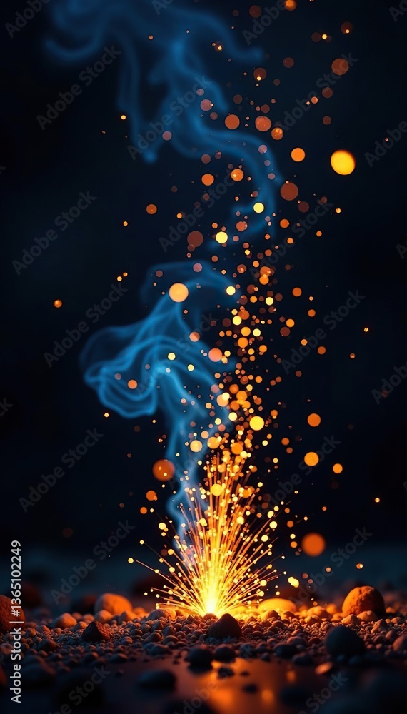 Naklejka premium Impressive display of gold and blue sparks against a dark backdrop, glowing, party