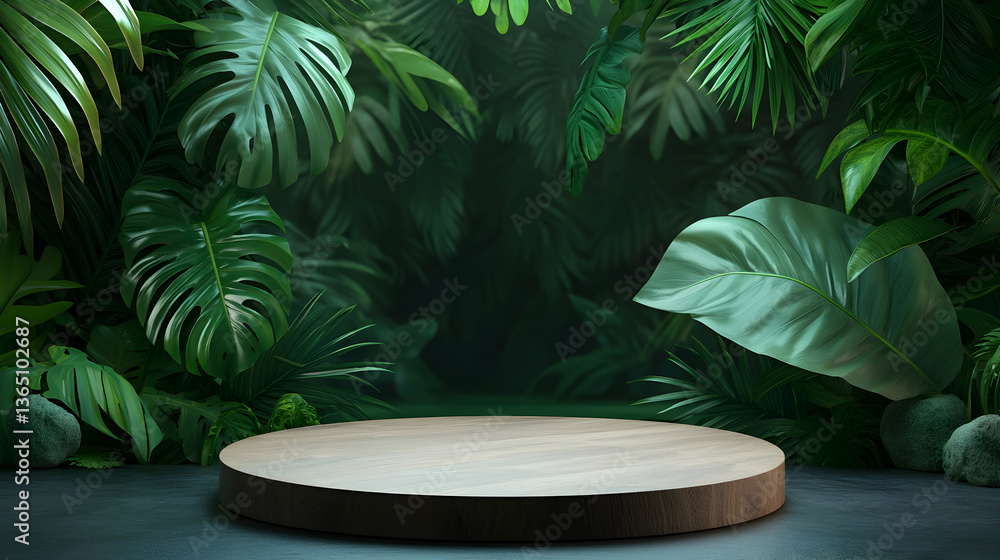 Obraz premium Lush Tropical Jungle Leaves Background with Wooden Display Platform