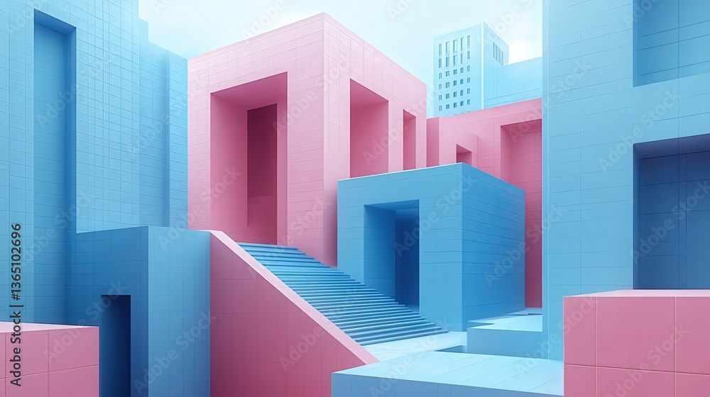 Abstract Architectural Composition in Bold Pink and Blue Colors Abstract Architectural Composition in Bold Pink and Blue Colors