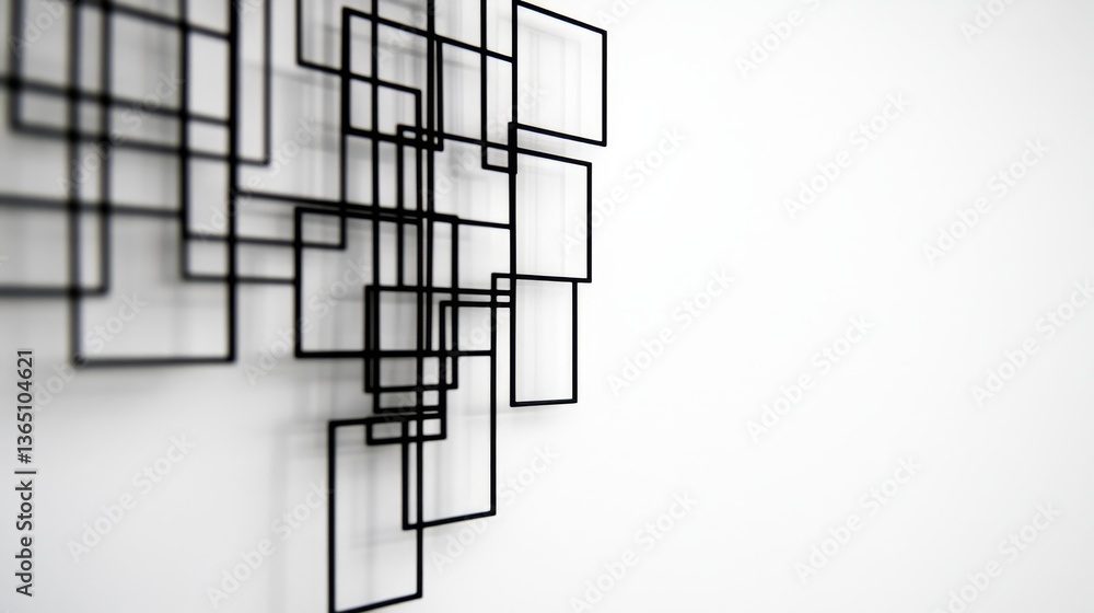 Abstract arrangement of black geometric frames on a minimalist white wall, enhancing modern decor Abstract arrangement of black geometric frames on a minimalist white wall, enhancing modern decor