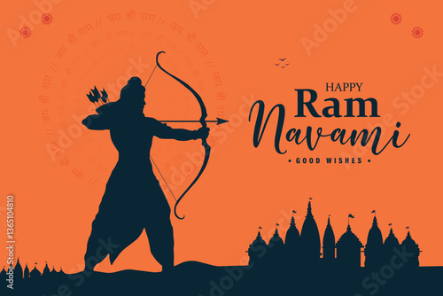 Happy ram navami good wishes social media post or banner vector design with god ram bow silhouette, and temple