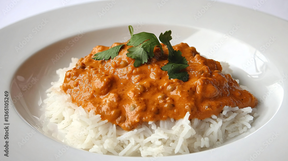 Culinary Delight: A close-up shot showcases a hearty serving of flavorful rice topped with rich, creamy curry, garnished with fresh cilantro leaves, creating a tempting and delicious visual. Culinary Delight: A close-up shot showcases a hearty serving of flavorful rice topped with rich, creamy curry, garnished with fresh cilantro leaves, creating a tempting and delicious visual.