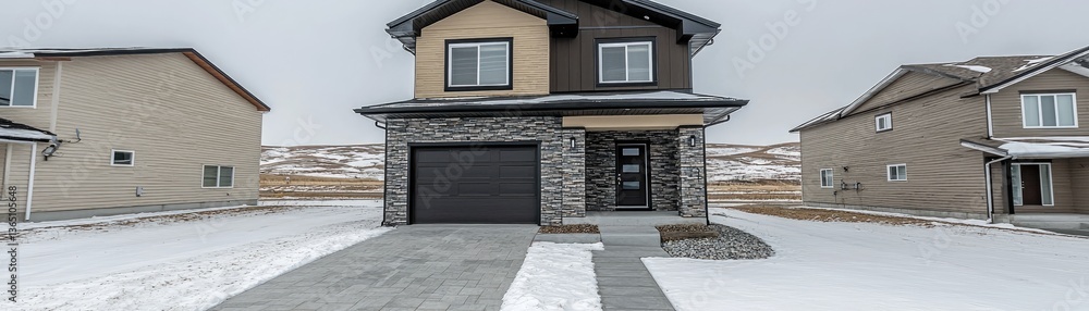 Two-story family home with garage in a snowy suburban neighborhood Two-story family home with garage in a snowy suburban neighborhood