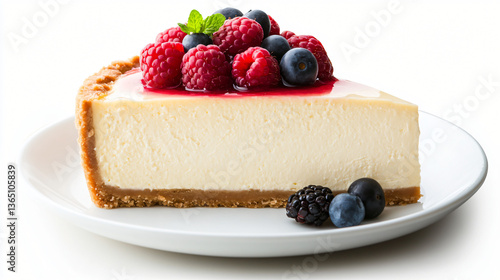 Berry Cheesecake Delight: Indulge in a slice of creamy cheesecake topped with fresh, vibrant berries on a pristine plate, a culinary masterpiece of dessert.