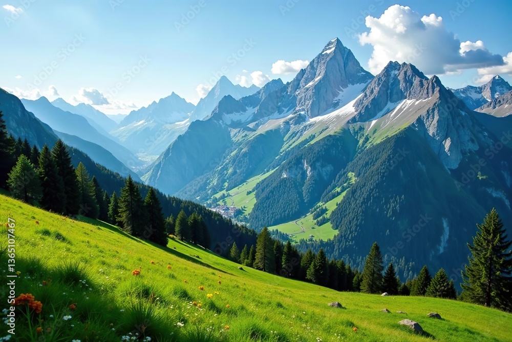 Obraz premium Lush green meadows and snow-capped peaks of the Austrian Alps provide a breathtaking backdrop for hiking adventures, Europe, mountains