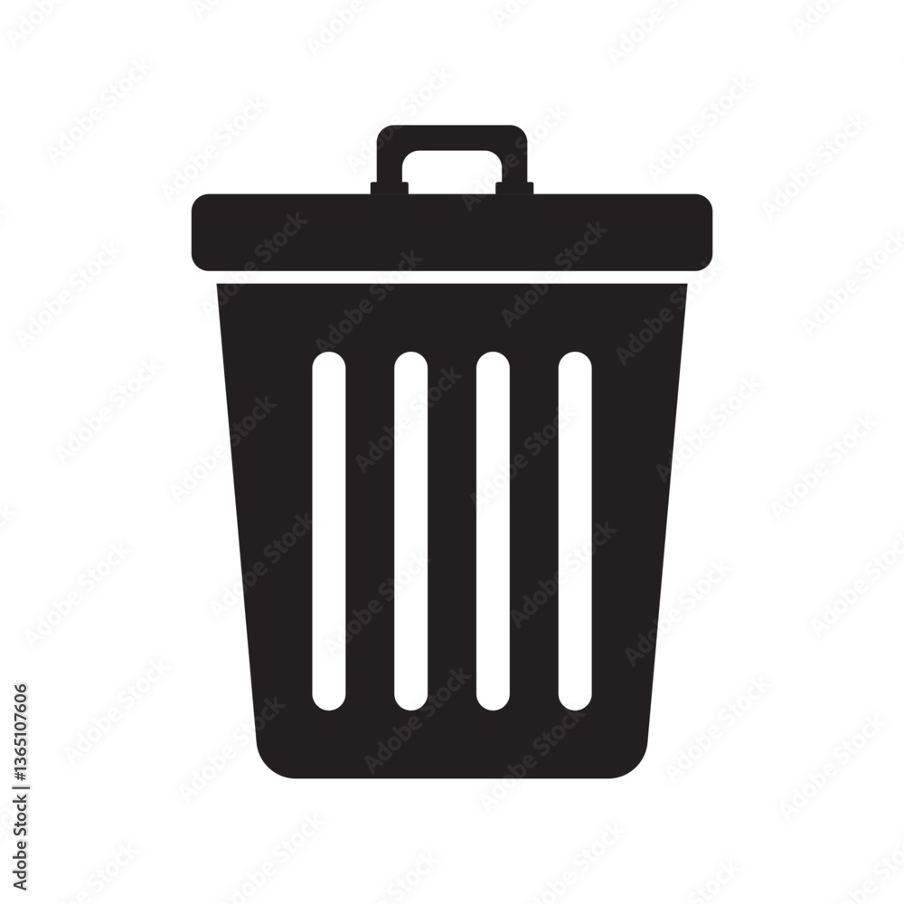 A simple black trash bin icon representing waste disposal, cleanliness, and recycling. Ideal for eco-friendly, sanitation, and environmental projects. A simple black trash bin icon representing waste disposal, cleanliness, and recycling. Ideal for eco-friendly, sanitation, and environmental projects.