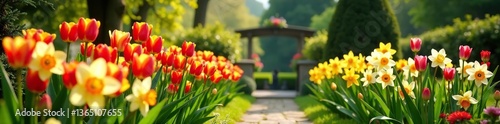 Lush estate garden filled with vibrant tulips, daffodils, and narcissus in full bloom, creating a stunning seasonal landscape,  bulbs,  narcissus