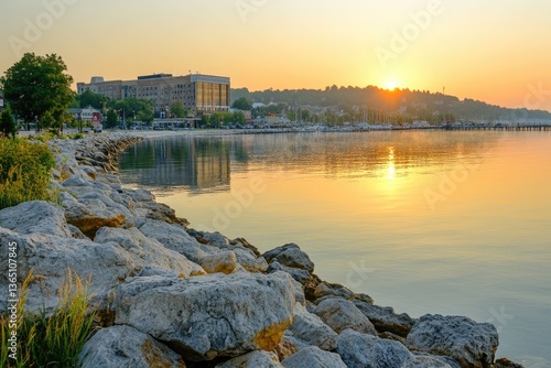 Grand Traverse Bay Sunrise. Coastal Morning in Downtown Traverse City, Michigan