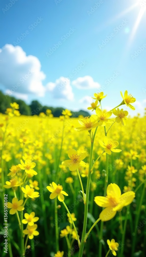 Obraz premium Lush field of mustard plants in vibrant yellow blooms under sunny sky, mustard plants, landscape