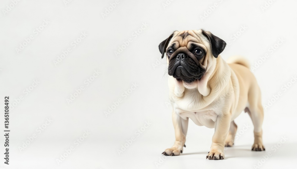 Obraz premium One wrinkly pug against bright white backdrop, dog, brown