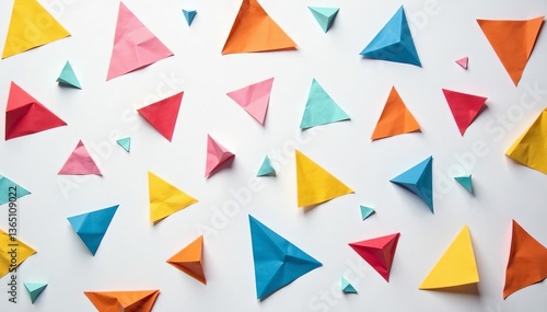 Free Download Close-up of triangular torn paper pieces scattered on white surface, art and craft concept, creative collage, copy space, triangular, scattered, copy space - GFXLoad