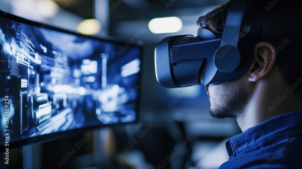 A virtual reality developer designing environments, high-tech studio with VR equipment and immersive environments displayed on monitors, High-tech style A virtual reality developer designing environments, high-tech studio with VR equipment and immersive environments displayed on monitors, High-tech style