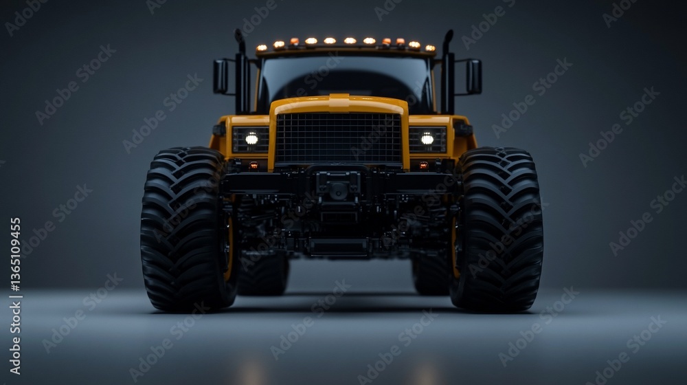 Obraz premium Front view of heavy duty yellow construction vehicle with large tires