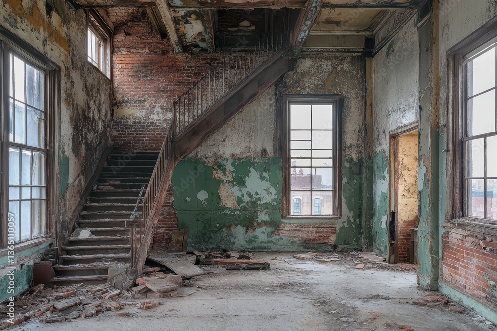 Interior of an abandoned building with staircase and peeling paint on the walls. Showcases decay, perfect for urban exploration, history, or renovation concepts. Interior of an abandoned building with staircase and peeling paint on the walls. Showcases decay, perfect for urban exploration, history, or renovation concepts.