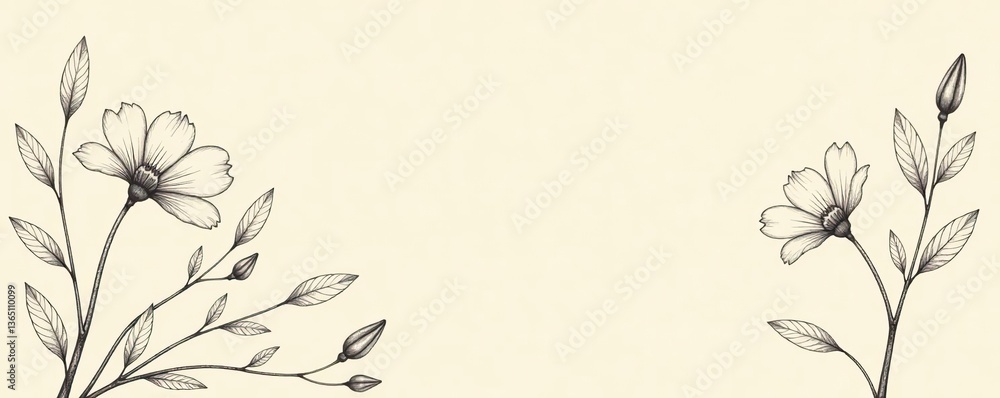 custom made wallpaper toronto digitalHand drawn delicate flowers, leaves, branches in line art style on beige background, collection, delicate