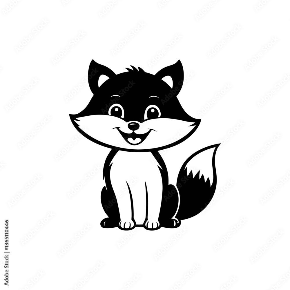 A sleek black and white vector illustration of a baby fox sitting with its tail wrapped around and a warm smile on a white background A sleek black and white vector illustration of a baby fox sitting with its tail wrapped around and a warm smile on a white background