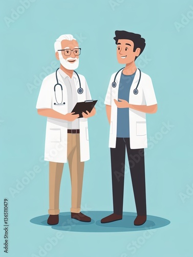 Cartoon illustration of doctor and nurse discussing a patient care plan in a hospital, white background