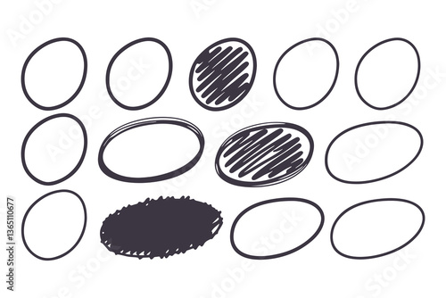 Hand-Drawn Ink Circles and Ovals Set Sketchy, Imperfect Doodle Style with Varying Sizes and Proportions, Casual Marker-Like Strokes for Artistic and Organic Designs