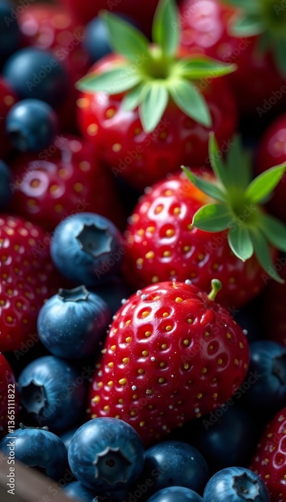 Macro shot of strawberries and blueberries with droplets, dessert, snack Macro shot of strawberries and blueberries with droplets, dessert, snack