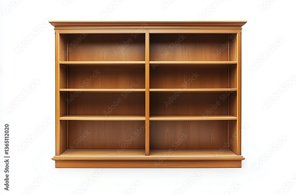 A classic wooden bookshelf isolated on a white background embodies timeless design and organized elegance. A classic wooden bookshelf isolated on a white background embodies timeless design and organized elegance.