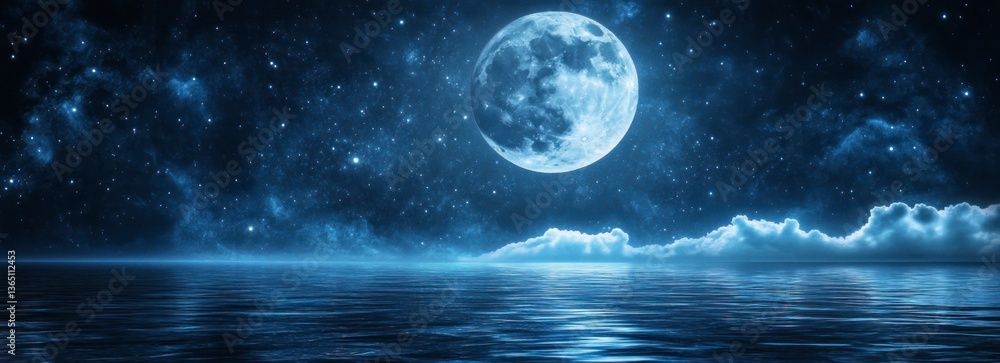 Fototapeta premium Full Moon Shining Over Water with Starry Sky and Clouds