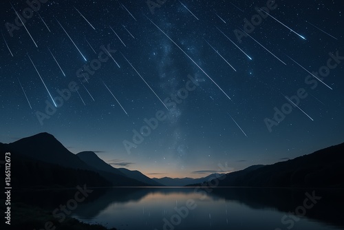 Meteor shower over rocky coastal landscape