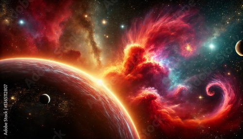 Colorful cosmic sunrise with planets and nebula
