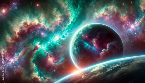 Vibrant teal nebula and glowing planet rise