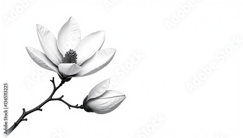 Magnolia flowers drawing in black and white line-art style on white background,  black and white,  drawing