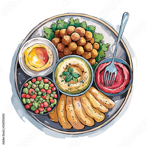 Cartoon Middle Eastern Mezze Platter with Dips and Falafel