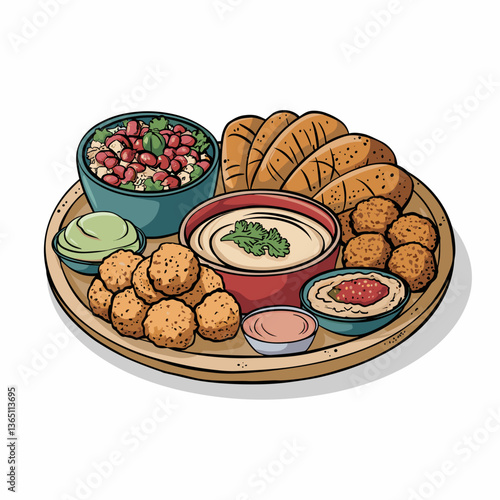 Cartoon Middle Eastern Mezze Platter with Dips and Falafel