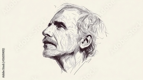 Portrait of an elderly man gazing upward, showcasing deep lines and thoughtful expression, minimalistic background