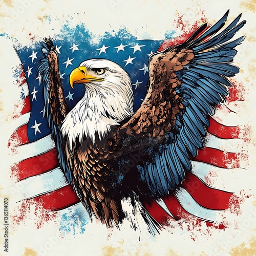 American Eagle Pride: A majestic bald eagle soars against the backdrop of the American flag, with wings spread wide in a symbolic representation of freedom and national pride