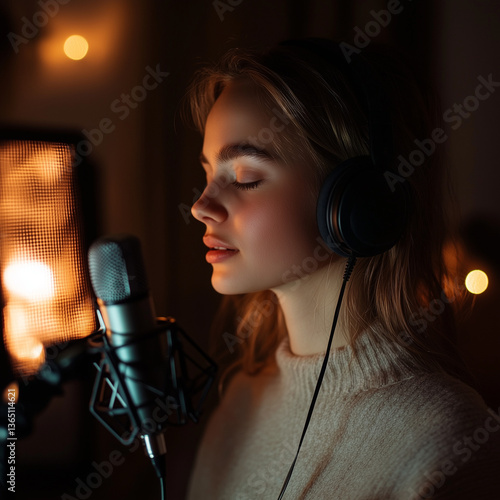 A young woman with soft facial features creating ASMR, speaking gently into a professional ASMR microphone, wearing headphones.