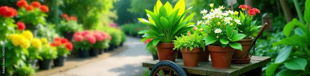 Lush green plants displayed on a charming flower cart at a lush nursery garden, flower cart, plants Lush green plants displayed on a charming flower cart at a lush nursery garden, flower cart, plants