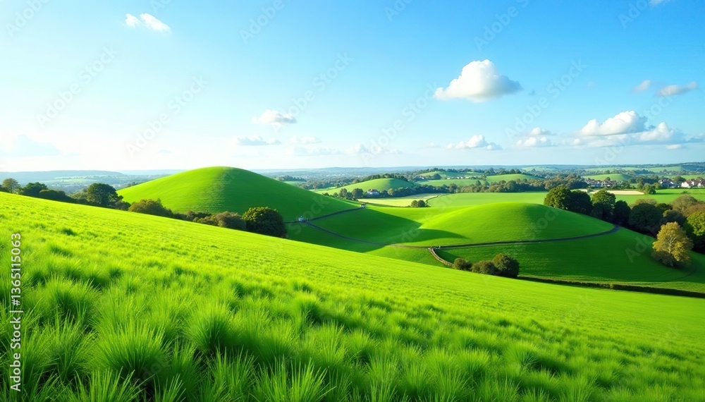 Rolling hills and lush green fields of the Yorkshire countryside under a clear blue sky, tranquil, hills Rolling hills and lush green fields of the Yorkshire countryside under a clear blue sky, tranquil, hills
