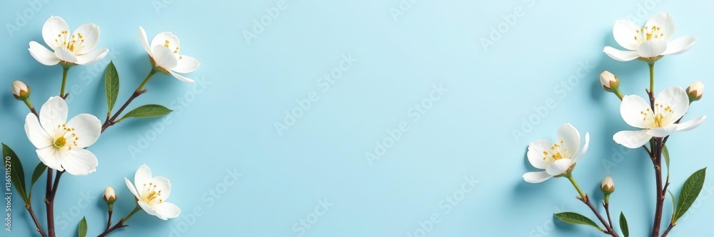 Fototapeta premium Minimalist floral frame with delicate white blossoms on a serene blue background, stylish, minimalism