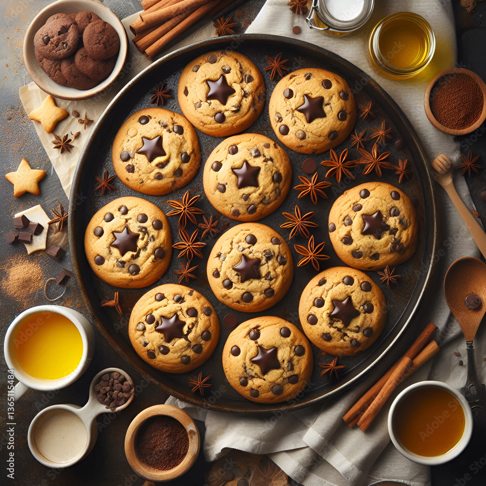 Obraz premium Fresh pastries. Cookies on a baking sheet. Freshly baked cookies. Biscuits with chocodas