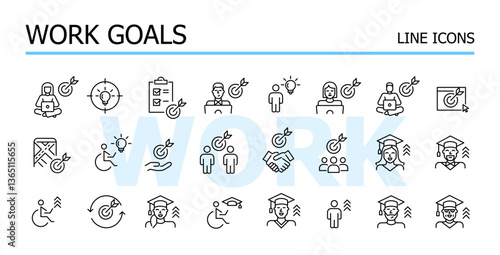 Work goals, career success and hiring related icons. Higher education for advancement and inclusivity at workplace. Vector set