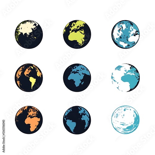 Globes: A diverse set of artistic globes, Each globe is meticulously rendered with distinct and vibrant colors, providing a visual feast and representation of our planet's diversity.
